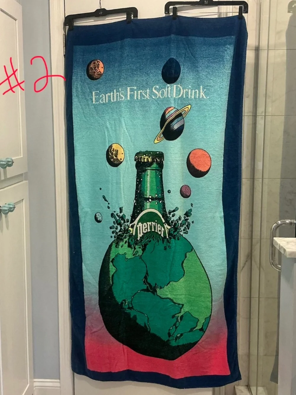 2 Vintage Perrier Earth’s Soft Drink Colorful Beach Towels